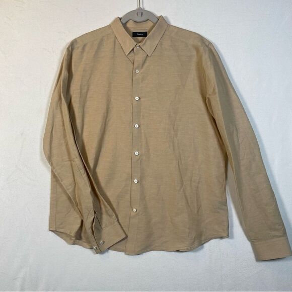 Theory Zack Rotuma Taupe Color Long Sleeve Shirt Linen Blend Size XL - Picture 1 of 9